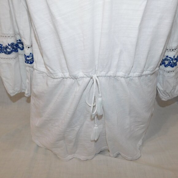 Lauren Ralph Lauren M White Blue Embroidered Tunic Top Boho Peasant Blouse - Picture 6 of 12